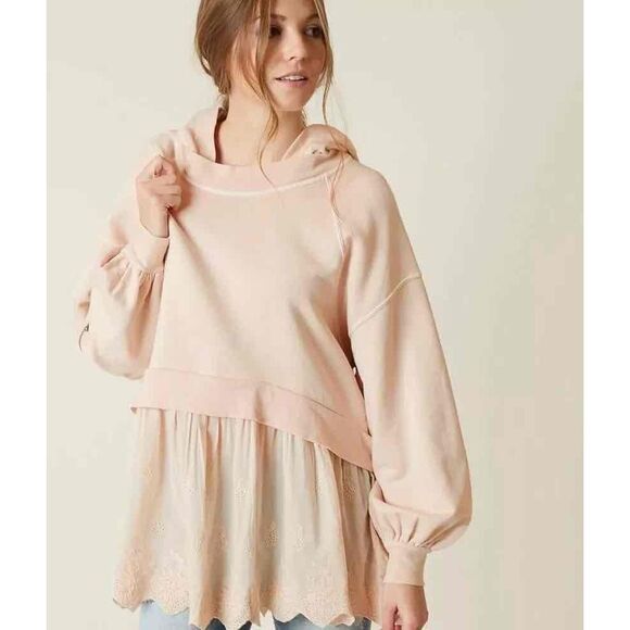 Free People Sweet Streets Hoodie Large L Oversized Long Sleeve Pink Beige - Picture 2 of 14